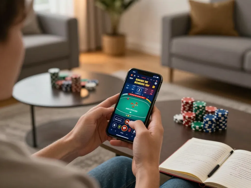 Hubet user enjoying online gambling strategy with mobile phone in comfortable living room