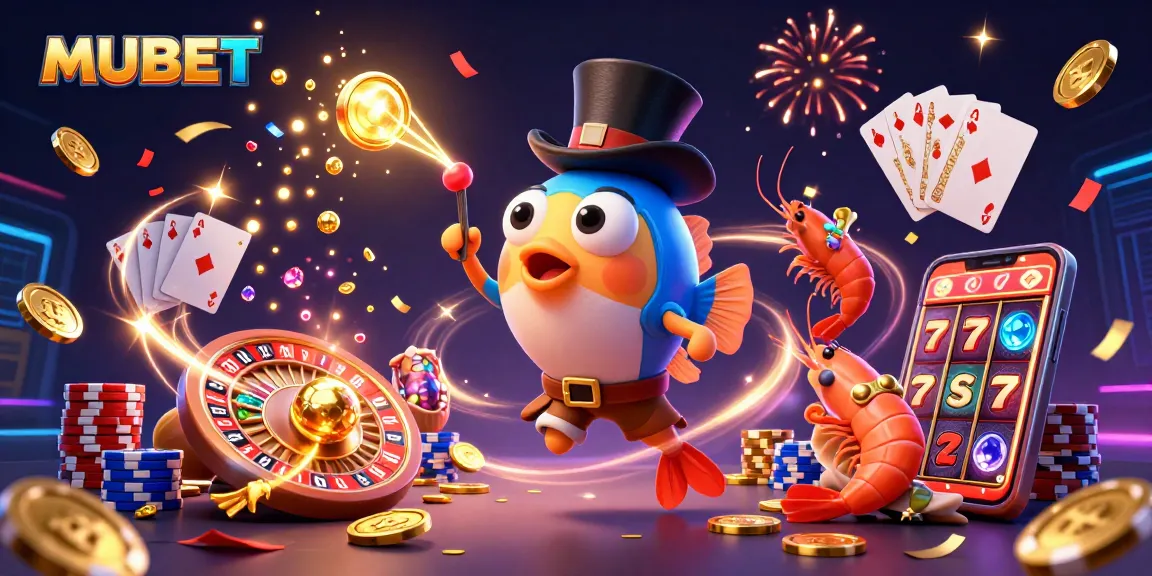 MUBET showcases an exciting scene with a cartoon anglerfish and treasures, symbolizing casino wins.