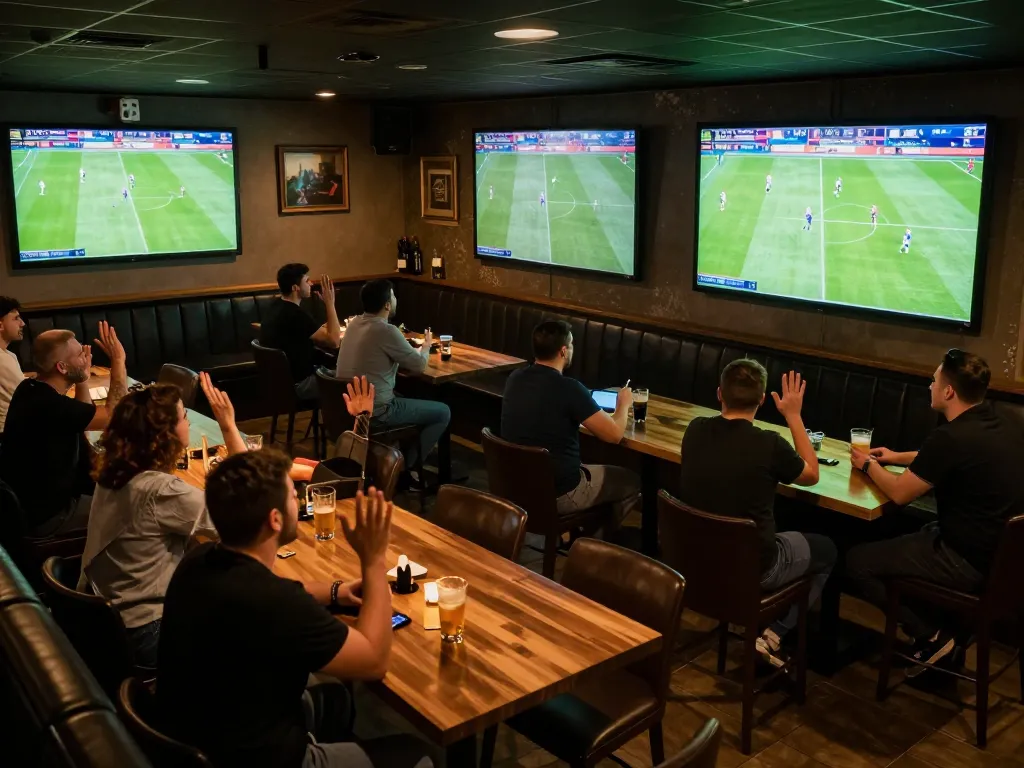 Cakhia soccer fans celebrating in a vibrant sports bar while watching a live match.