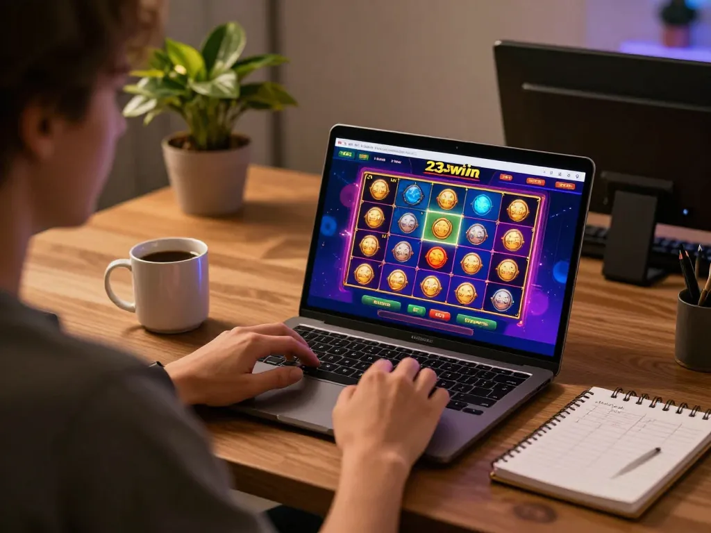 Experience the thrill of online slots with 23win in a cozy home gaming setup.