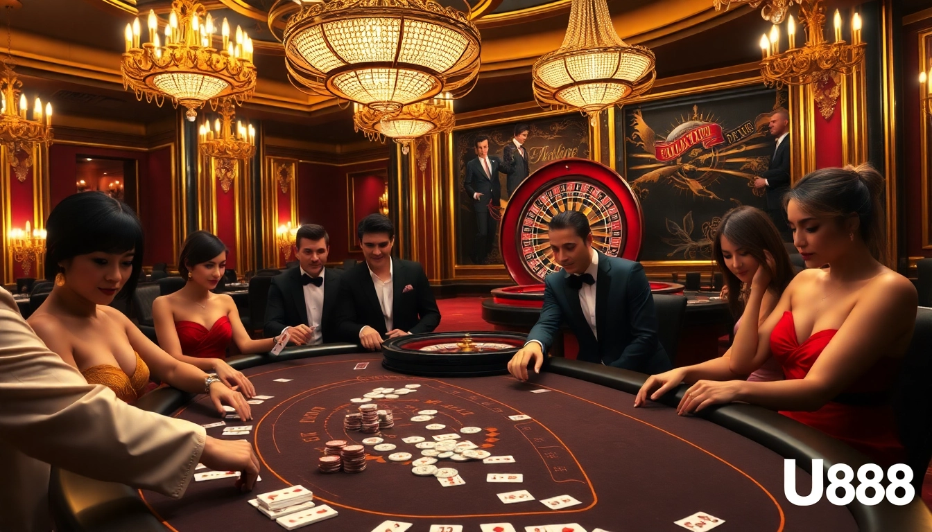 UU88 players enjoying a thrilling poker game at a luxurious casino table.