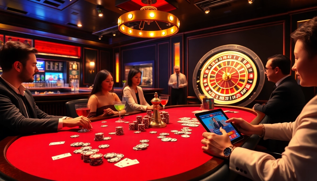 Players intensively strategizing in a luxurious xin88 casino setting, highlighted by colorful poker chips and cards.