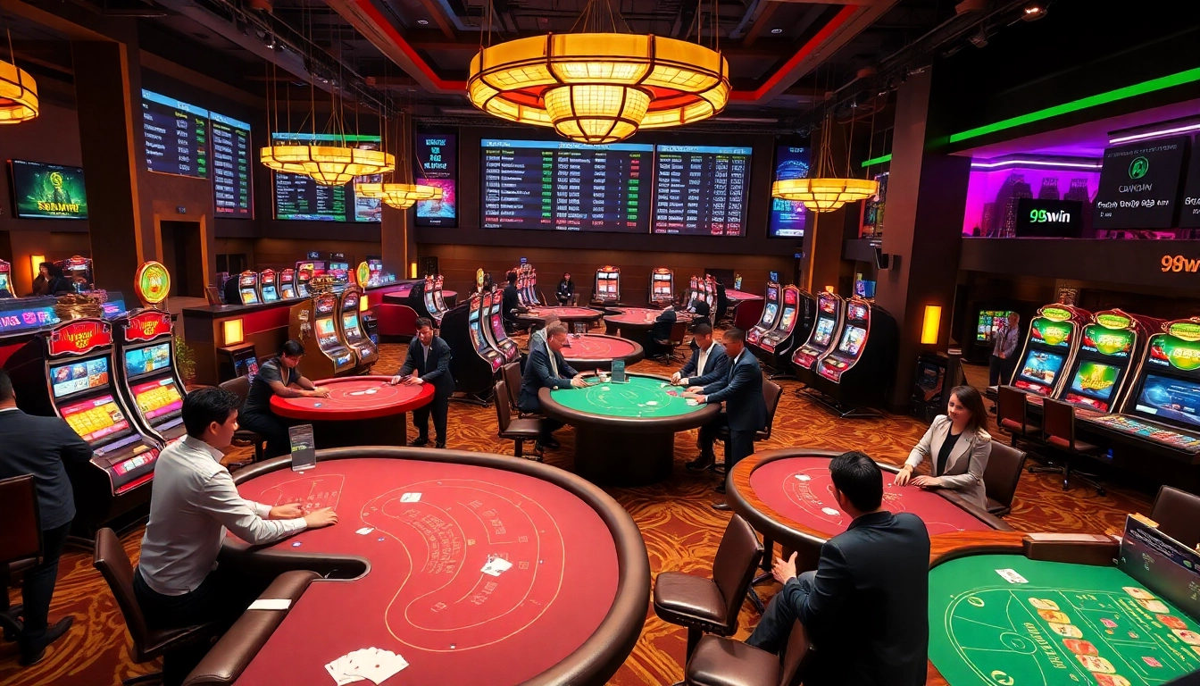 Experience the excitement of 98win's vibrant online casino, showcasing interactive gaming tables and thrilling slot machines.