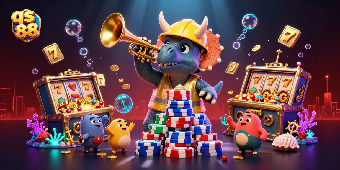 qs 88 celebrates with triceratops building poker chip tower amidst vibrant casino elements