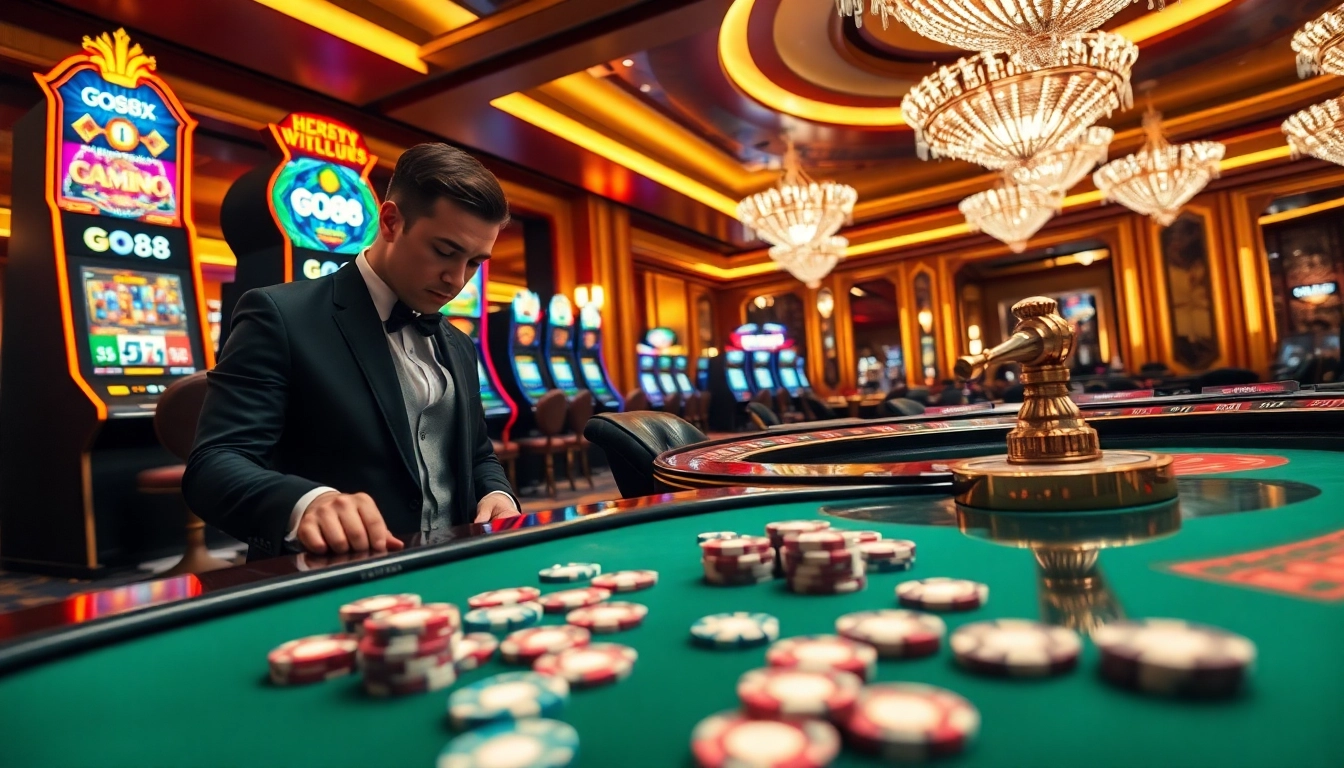 Experience the excitement of GO88 gaming amidst luxurious casino settings and vibrant slot machines.