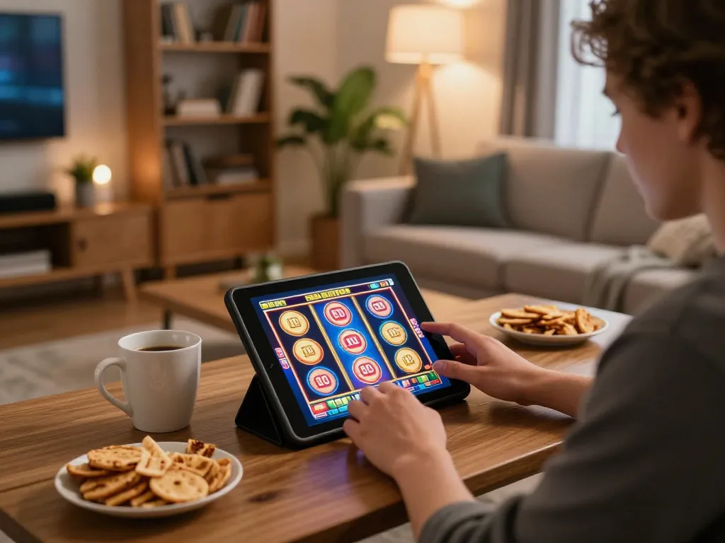 MMOO player enjoying slot games on tablet in a cozy home setting with snacks and drinks