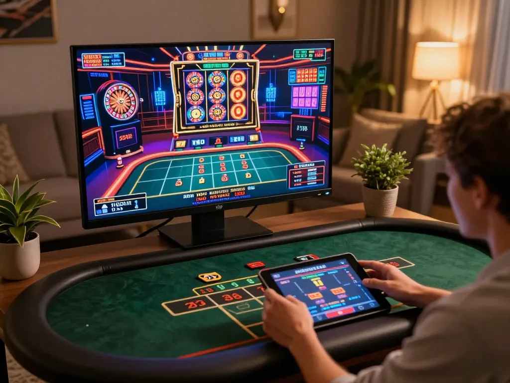 Engaged player at home exploring go8 online casino games, showcasing vibrant gaming interface.