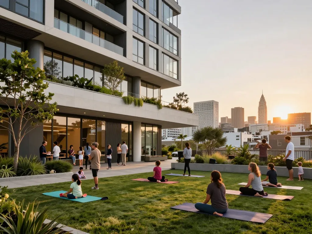 The Five88 complex in San Francisco bustling with community activities, highlighting urban living and vibrant architecture.