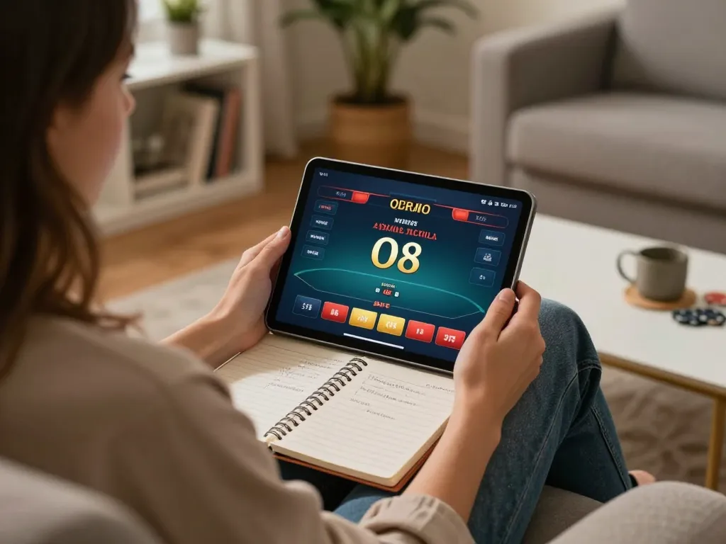Engaging with O8's online poker interface on a tablet during cozy home gaming session.