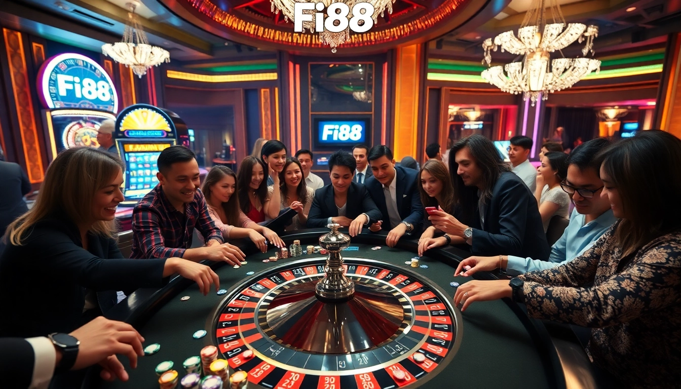 Excited gamblers play roulette at Fi88 casino, featuring vibrant lights and colorful chips.