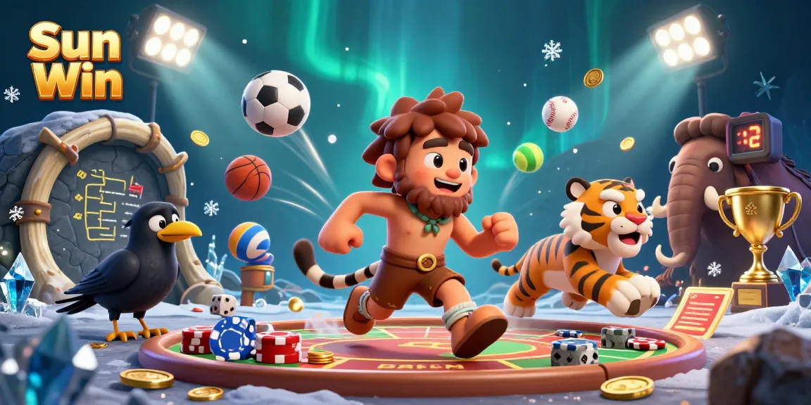 Experience the thrilling Sun Win casino with caveman and sabertooth characters in action.