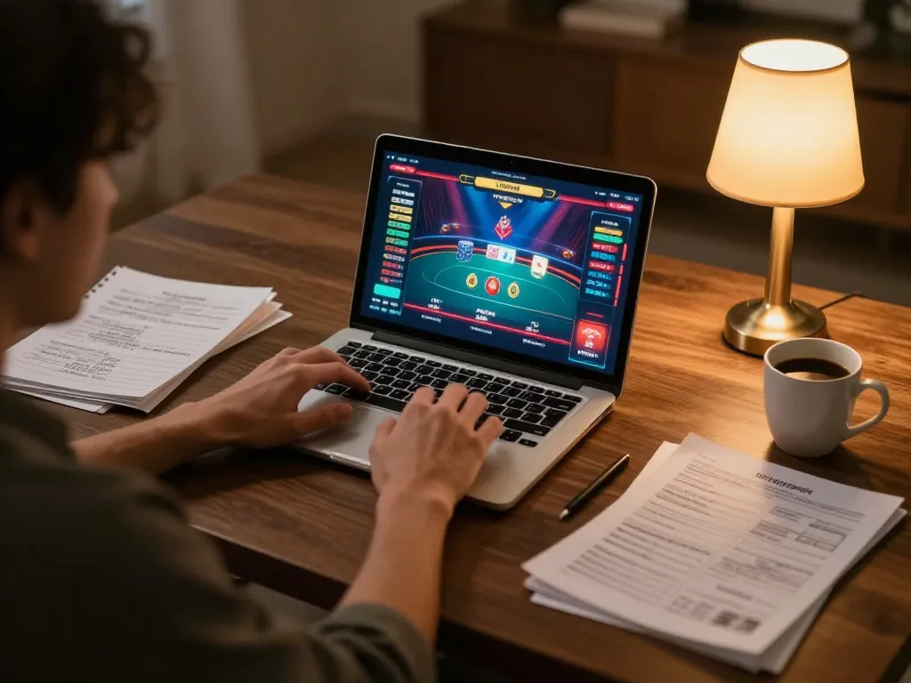 Engaging in thabet online poker gameplay at home, showcasing comfort and strategy in gambling