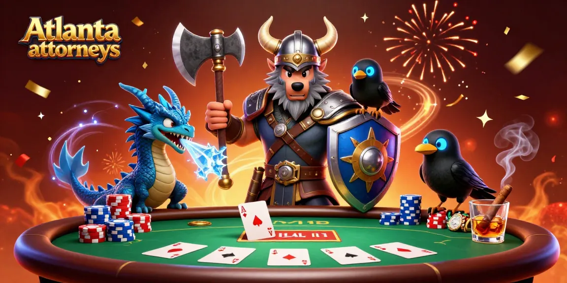 Exciting Atlanta attorneys poker scene featuring a Viking warrior, fierce dragon, and raven.