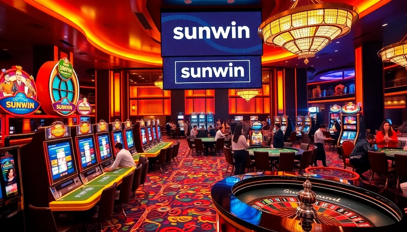Sunwin casino scene featuring vibrant slot machines, poker tables, and excited players.