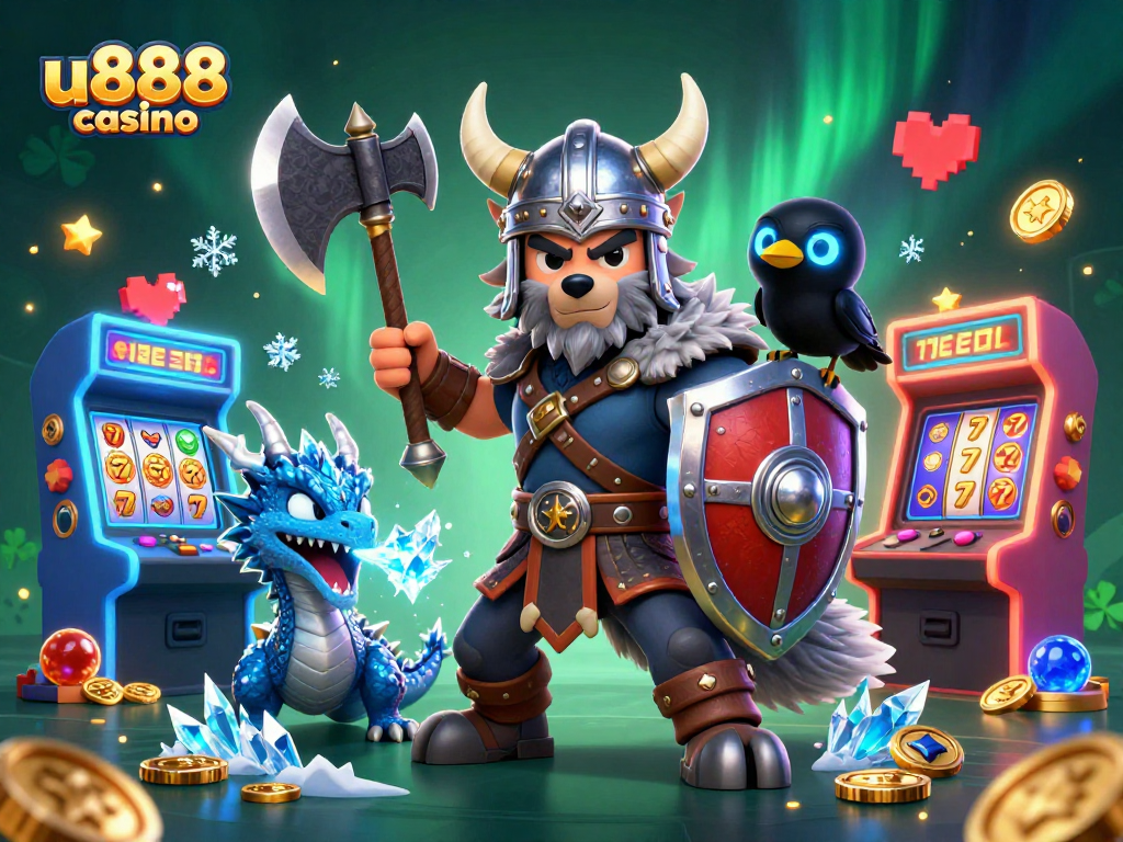 Experience the thrill of u888 casino with a vibrant 3D illustration of a Viking warrior, dragon, and raven amid dynamic slot elements.
