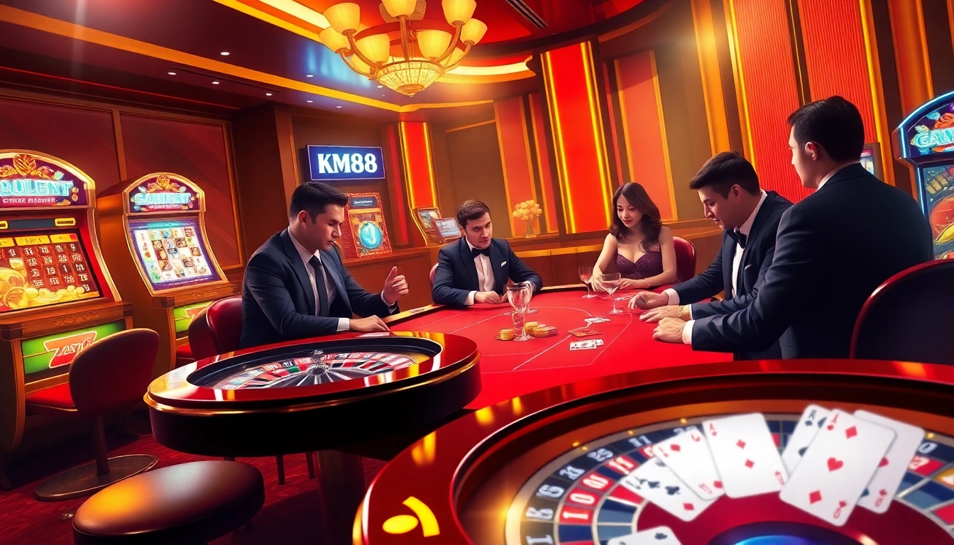 Experience the thrill of KM88 gambling with sophisticated players at a poker table, vibrant slot machines, and exciting roulette wheel.