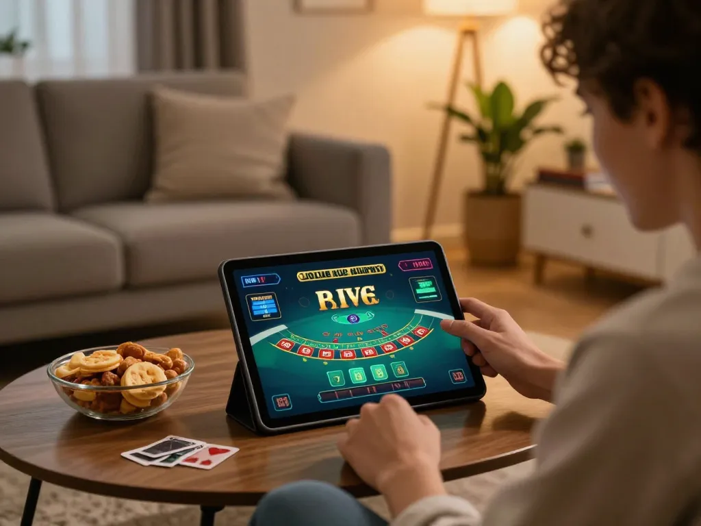 Player enjoying a thrilling live dealer game at 98win on a tablet in a cozy home setting