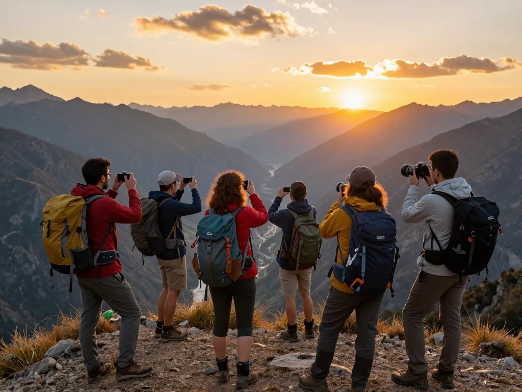 Friends enjoying adventure at mountain summit under sunset, showcasing Fly88 travel spirit.