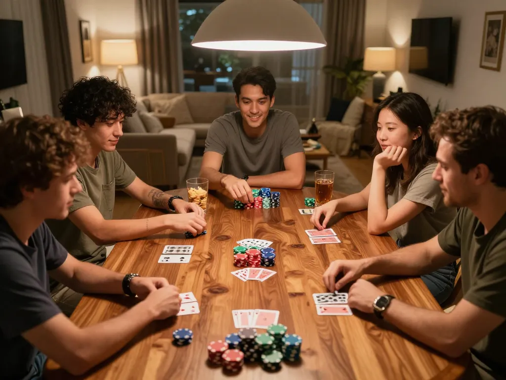 Engaging poker night scene with friends strategizing on ku88q platform while enjoying quality time.