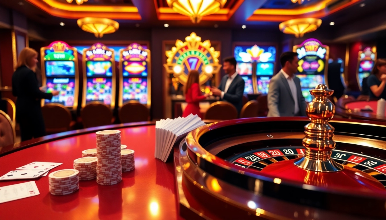Experience the excitement of Hi88 with a sophisticated casino environment showcasing poker, roulette, and slot machines.