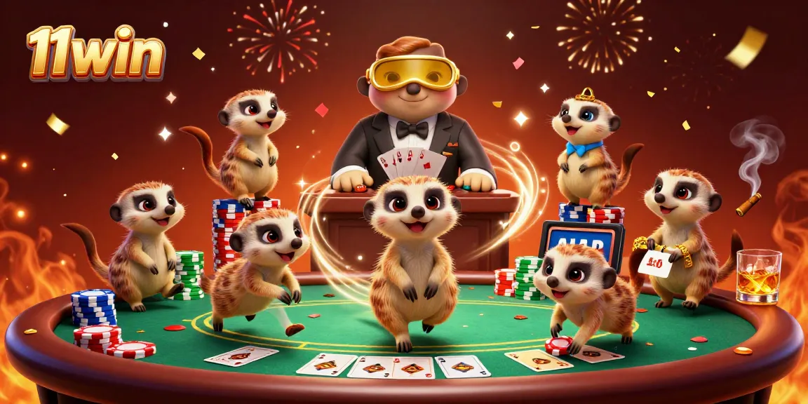 11win meerkats managing a vibrant casino operation with poker elements
