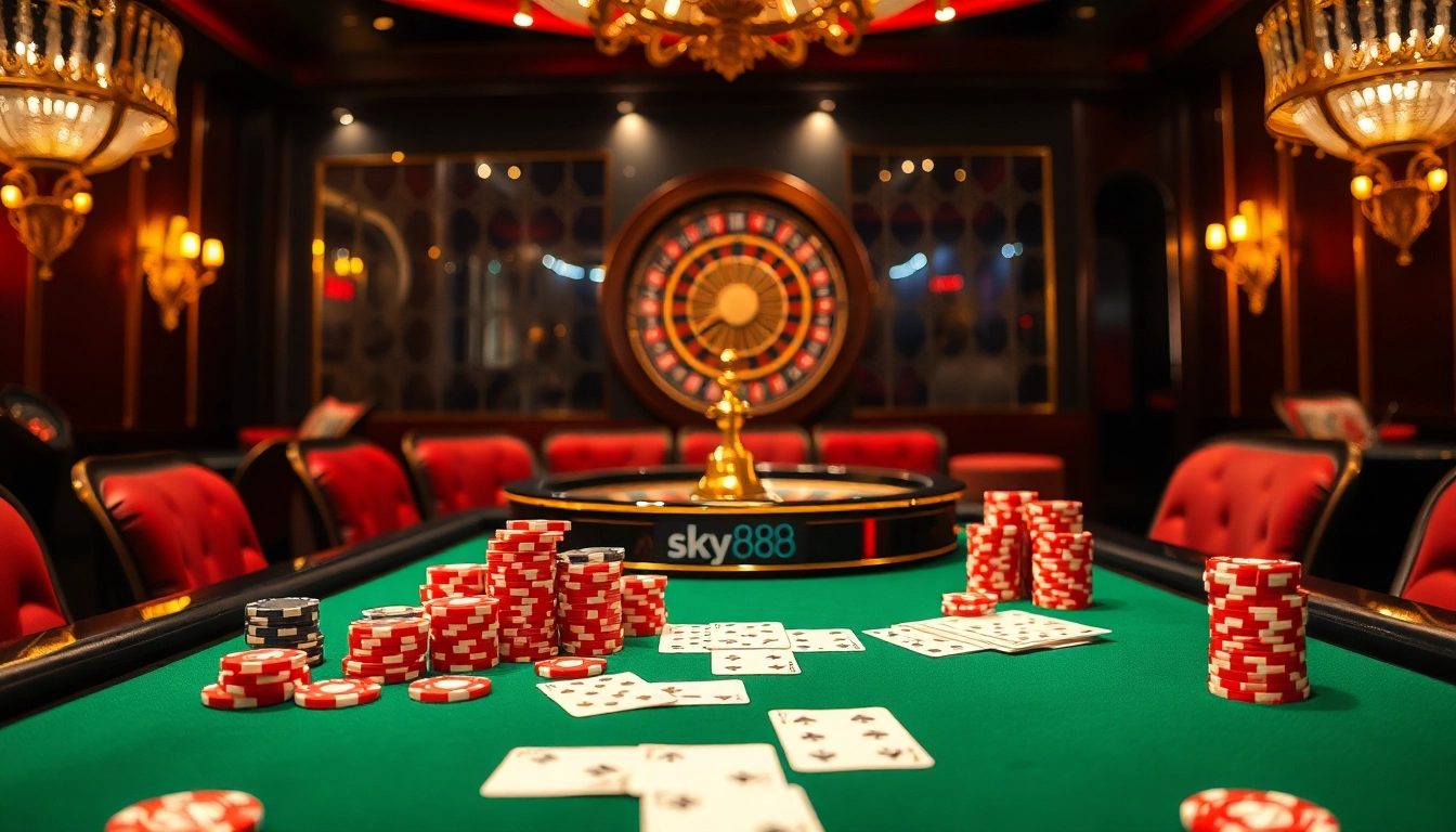 Experience the excitement of gambling at SKY88's elite casino tables filled with vibrant chips and cards.