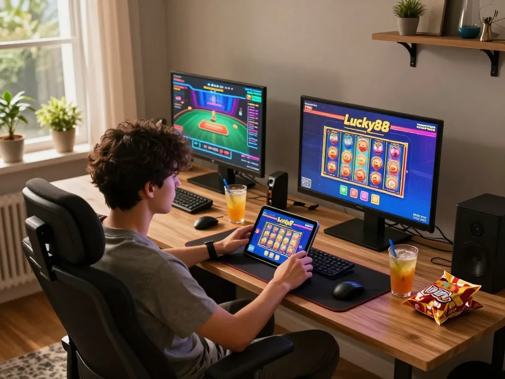 Playing the Lucky88 slot game on tablet in a cozy home gaming setup with snacks