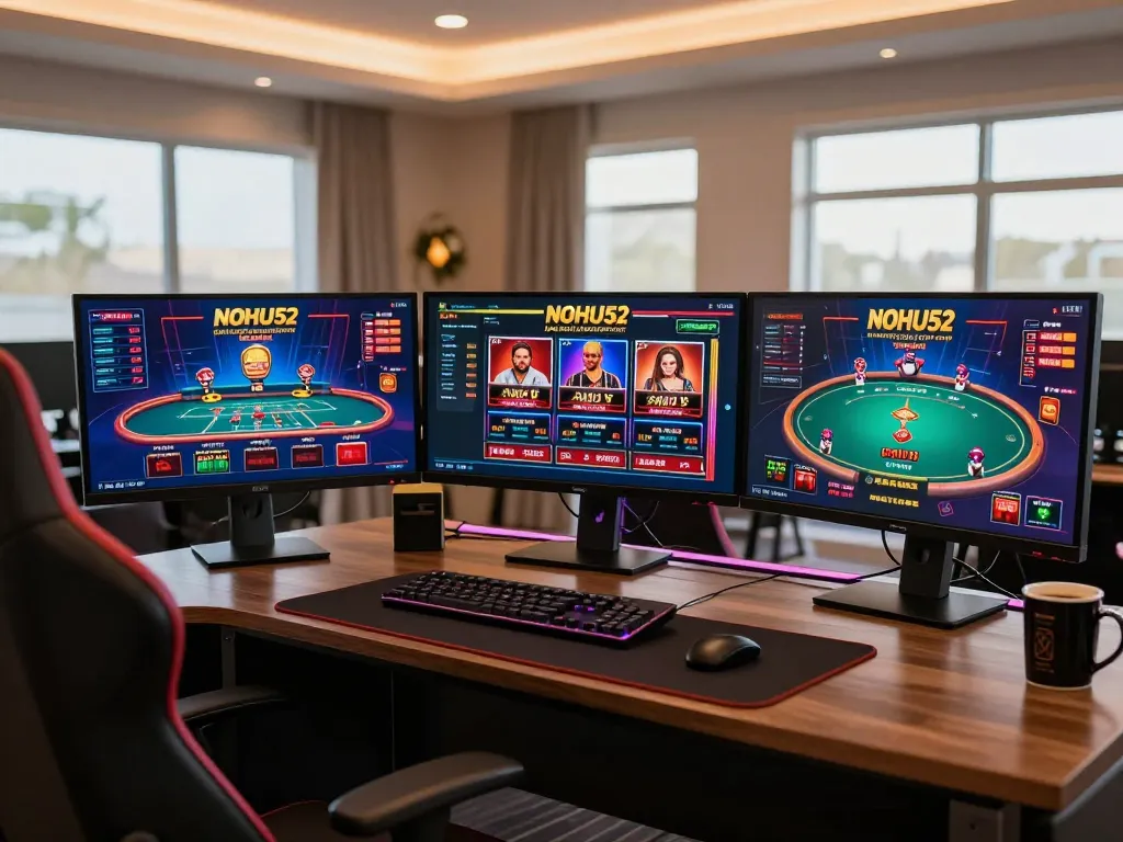 Engaging NOHU52 online gaming setup with multiple screens showcasing exciting games.