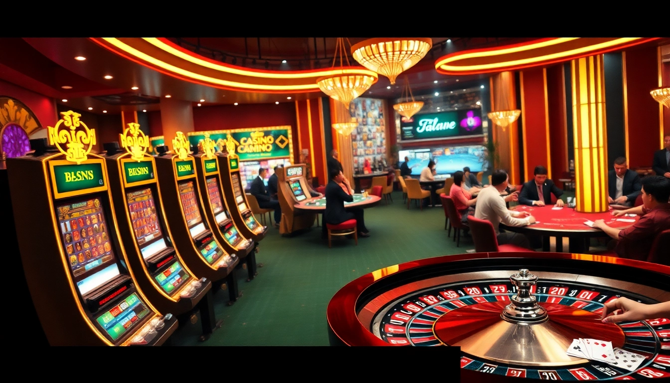 Engaging scene of 'trang chủ nohu90' showcasing vibrant casino gameplay with slot machines and poker action.