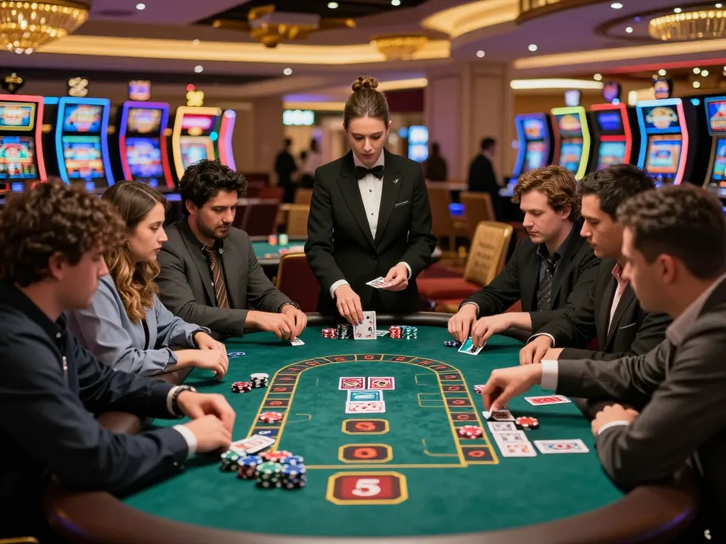 Join the thrilling action at a blackjack table with vin88 players strategizing their next bets
