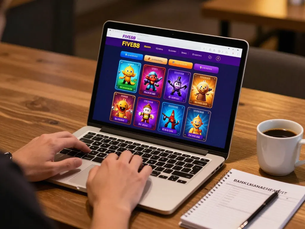 Engaging with FIVE88 online casino interface, showcasing vibrant gaming options and responsible betting notes.