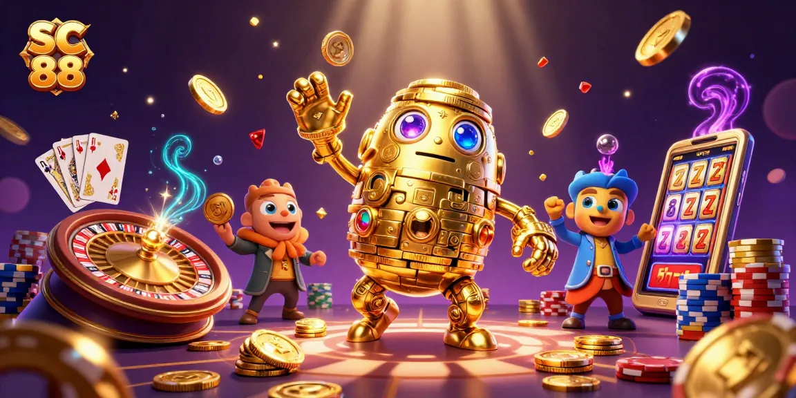 Experience thrilling slots and gaming on SC 88 with vibrant golden golem and sparkling casino elements.