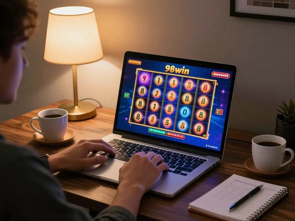 Player enjoying 98win slots online at home, with colorful graphics and gaming strategy notes.