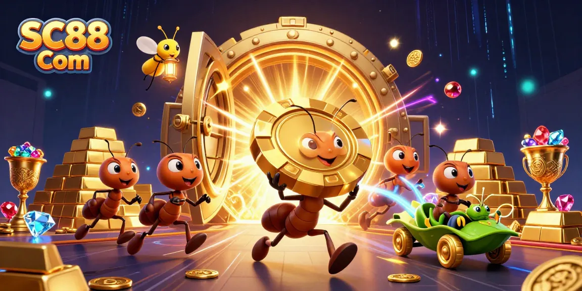 Experience thrilling wins at SC88 Com with a cartoon heist scene showcasing playful ants and vibrant casino elements.