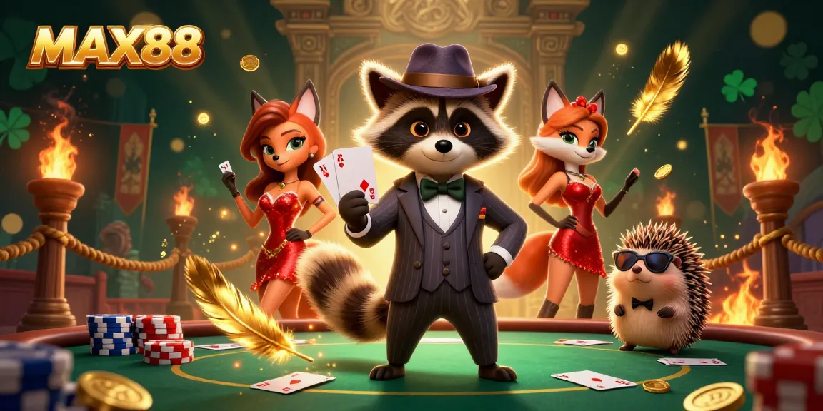 Players engage in a thrilling poker game at MAX88, showcasing excitement with vibrant characters and dynamic elements.