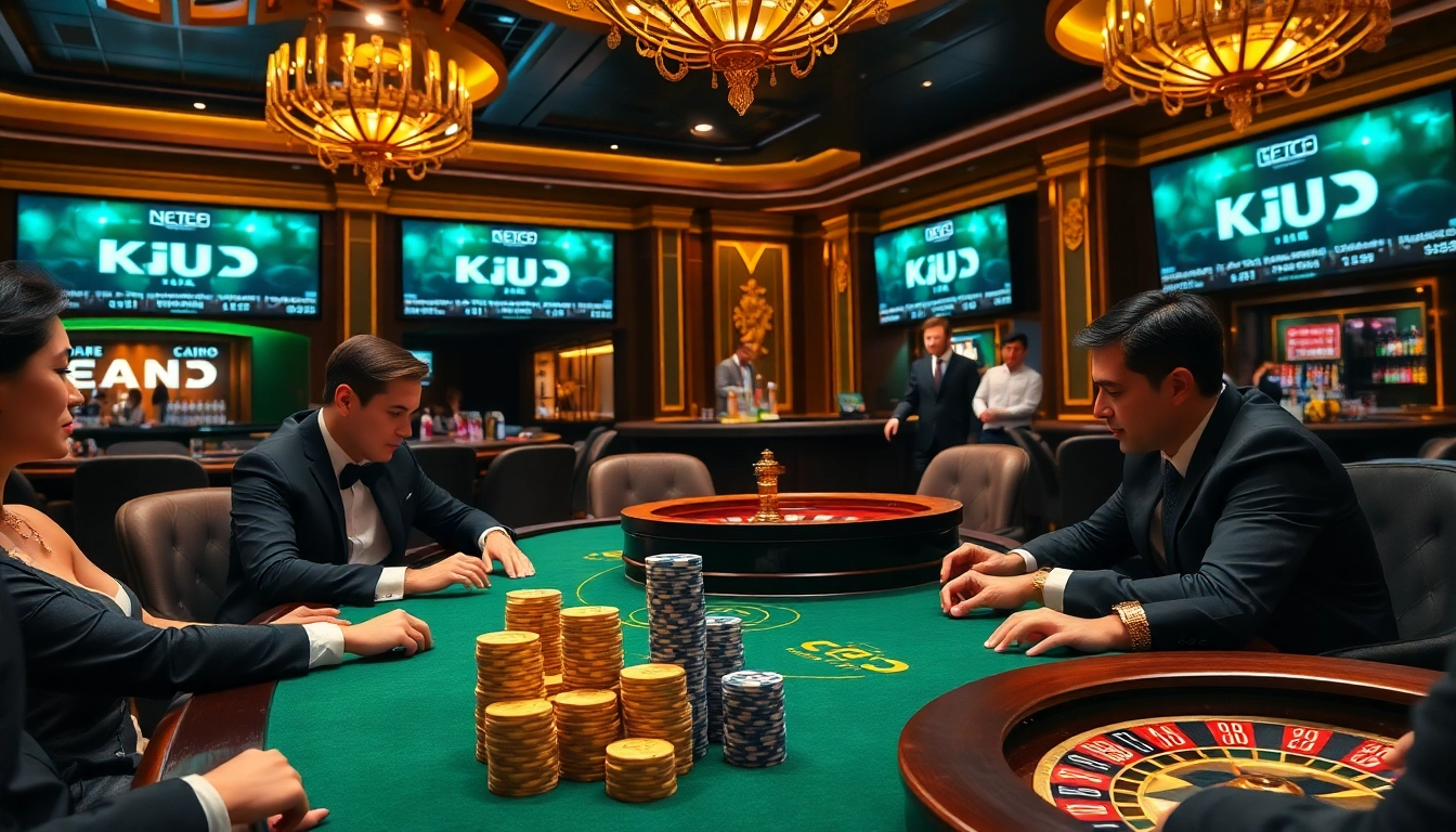 Active poker game scene at KJC casino, showcasing players and luxurious atmosphere.