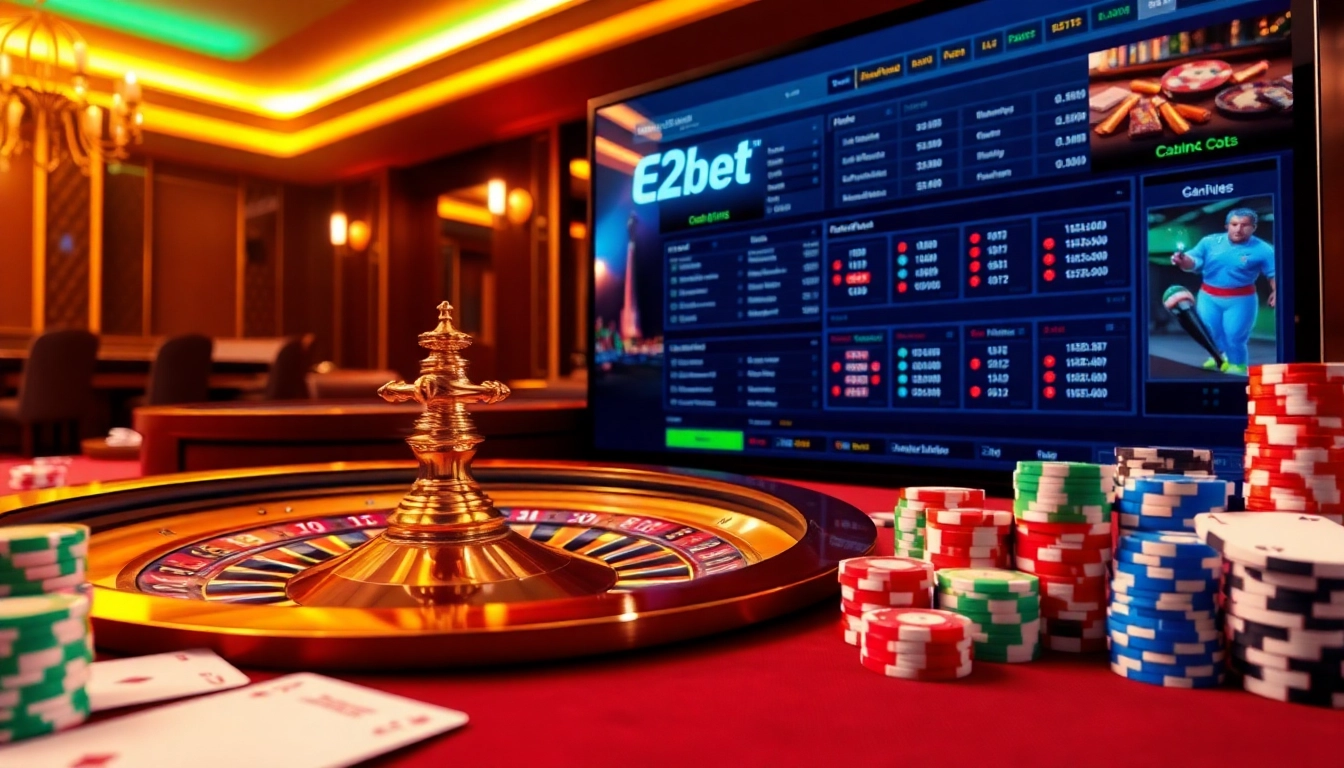 Engage with e2bet's vibrant online gambling experience featuring roulette and poker chips.