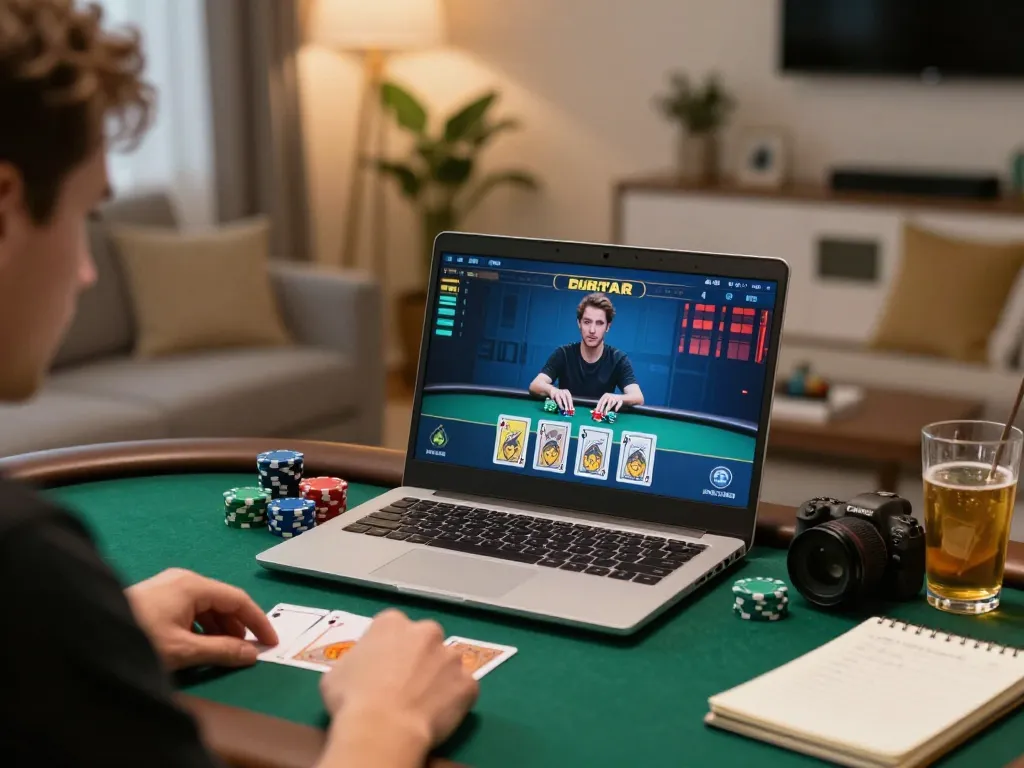 Player strategizing in an online poker game at home on tt88i with laptop and chips in focus.