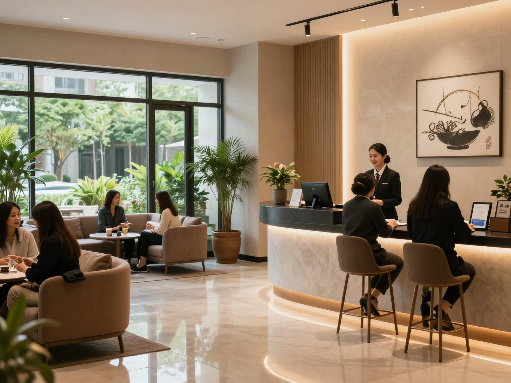 rokok88 login at welcoming hotel lobby with friendly receptionist and modern decor
