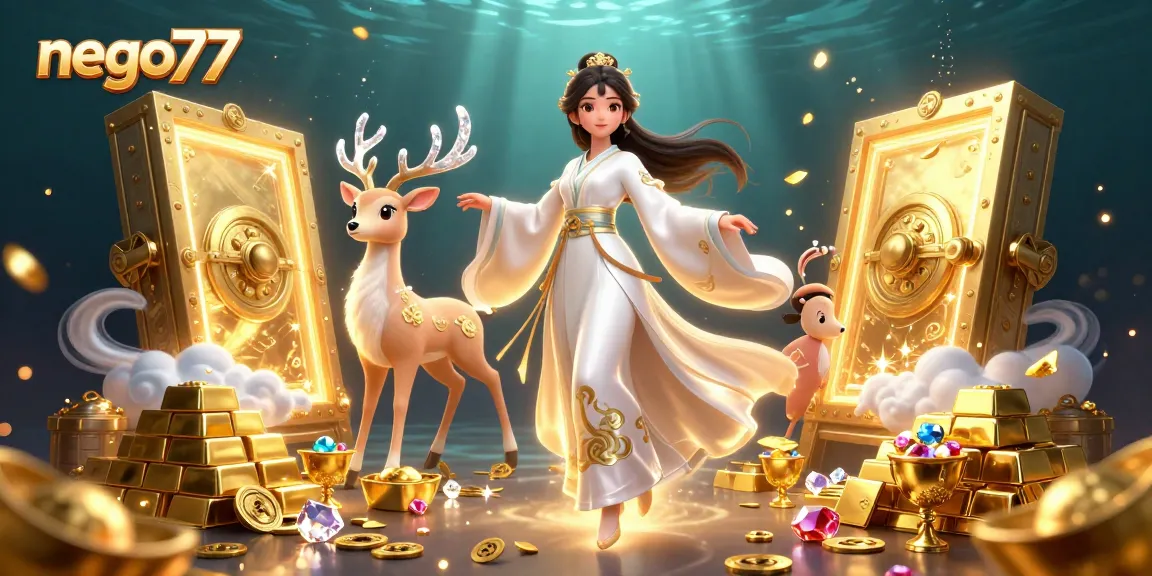 Engage with nego77 in a vibrant casino scene featuring dazzling treasures and enchanting characters.