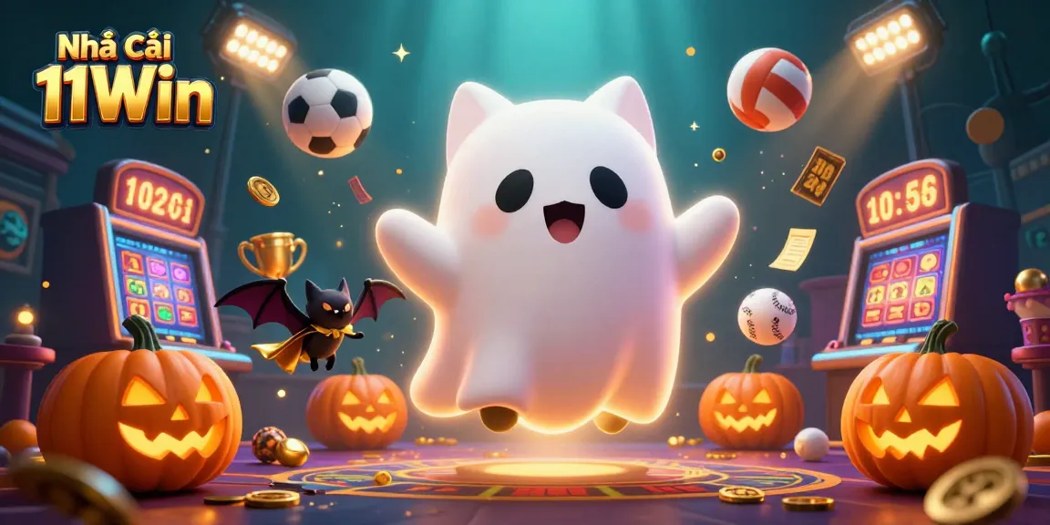Engage with the thrilling world of Nhà cái 11Win, a dynamic casino scene featuring a ghost cat and a vampire bat.