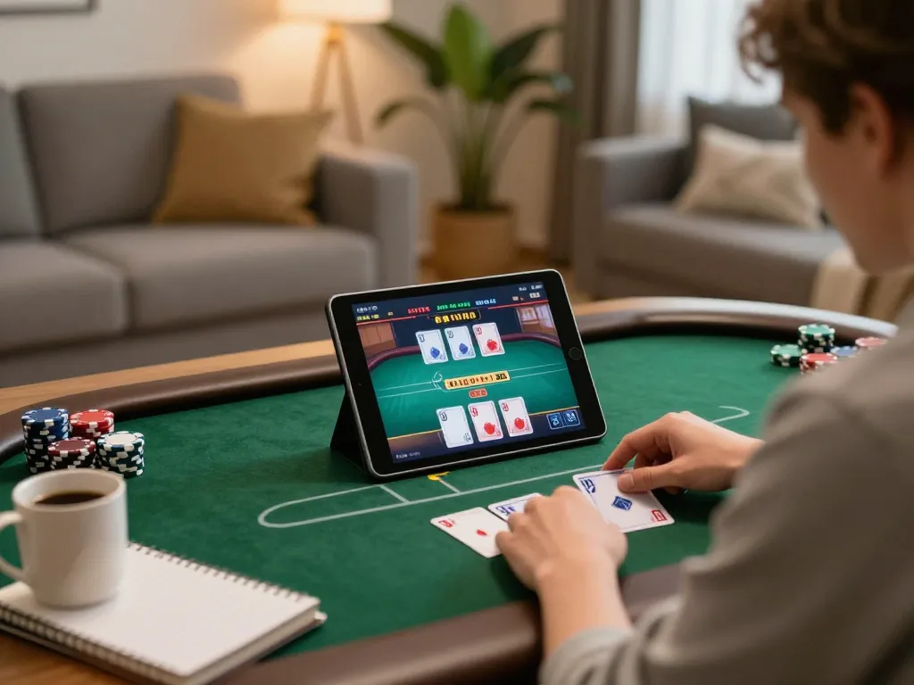 Engaged player in a cozy setting enjoying game đánh bài on a tablet, showing virtual poker action