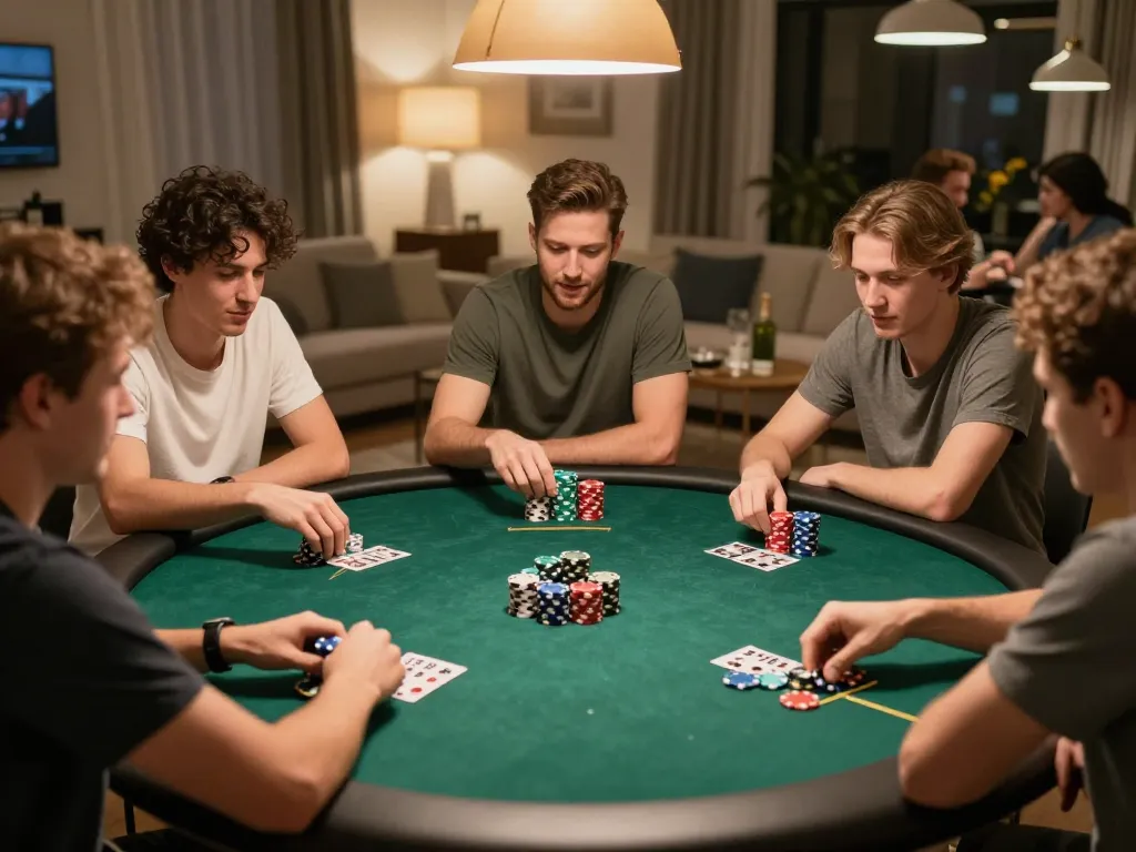 Players engaged in a thrilling home poker night at trang chủ cf68, celebrating strategic gameplay with colorful chips and cards.
