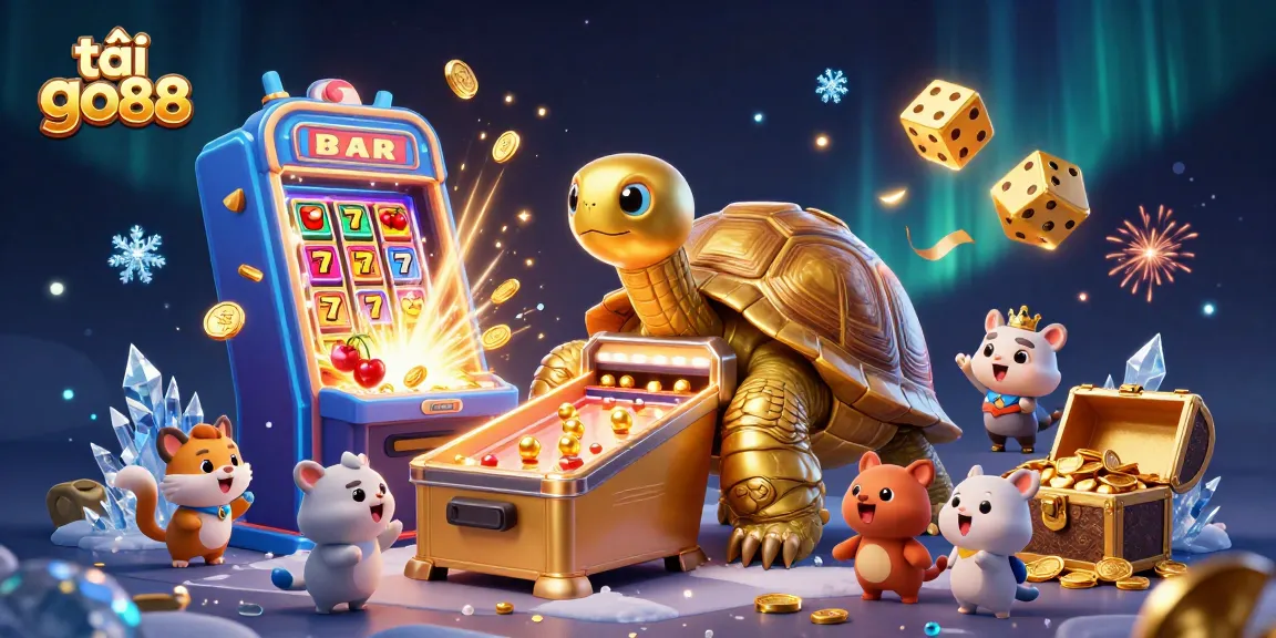 Play exciting games and tải go88 with a vibrant casino scene showcasing a golden tortoise and slot machines.