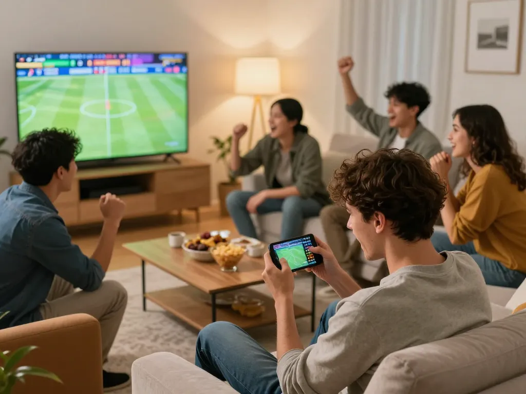 F1688 player analyzing sports betting odds at lively home gathering with friends.