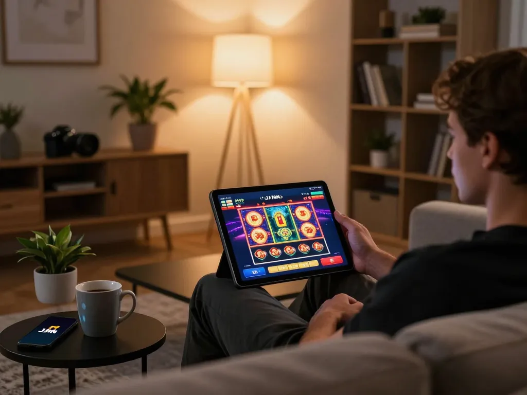 Engage with the JJNN platform while enjoying online slots at home in a cozy modern setting.