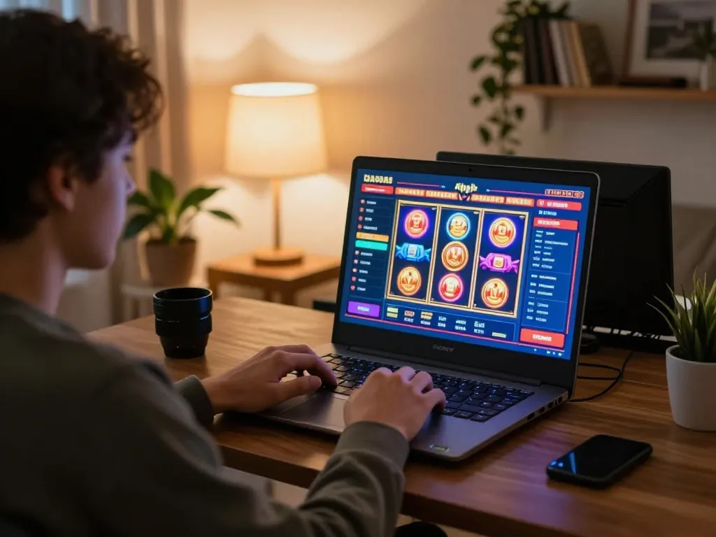 Orang menikmati perjudian online di okebet99 di laptop dalam suasana rumah yang nyaman