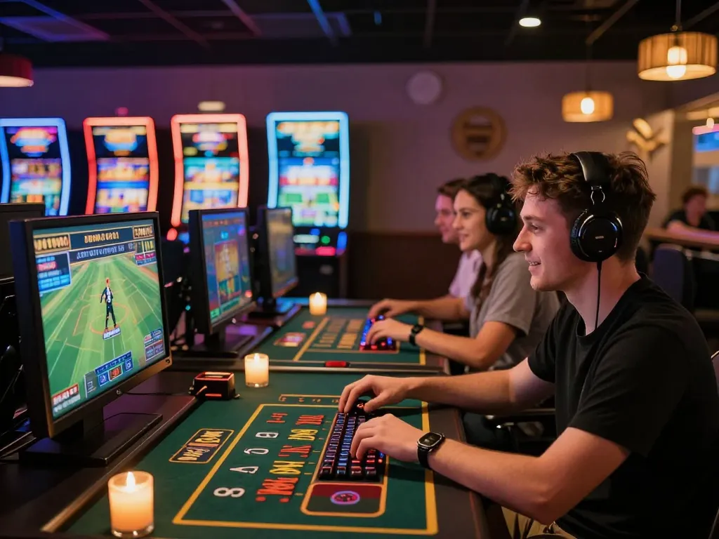 Engaged players enjoying KO66's live casino games in a vibrant gaming lounge with modern interfaces.