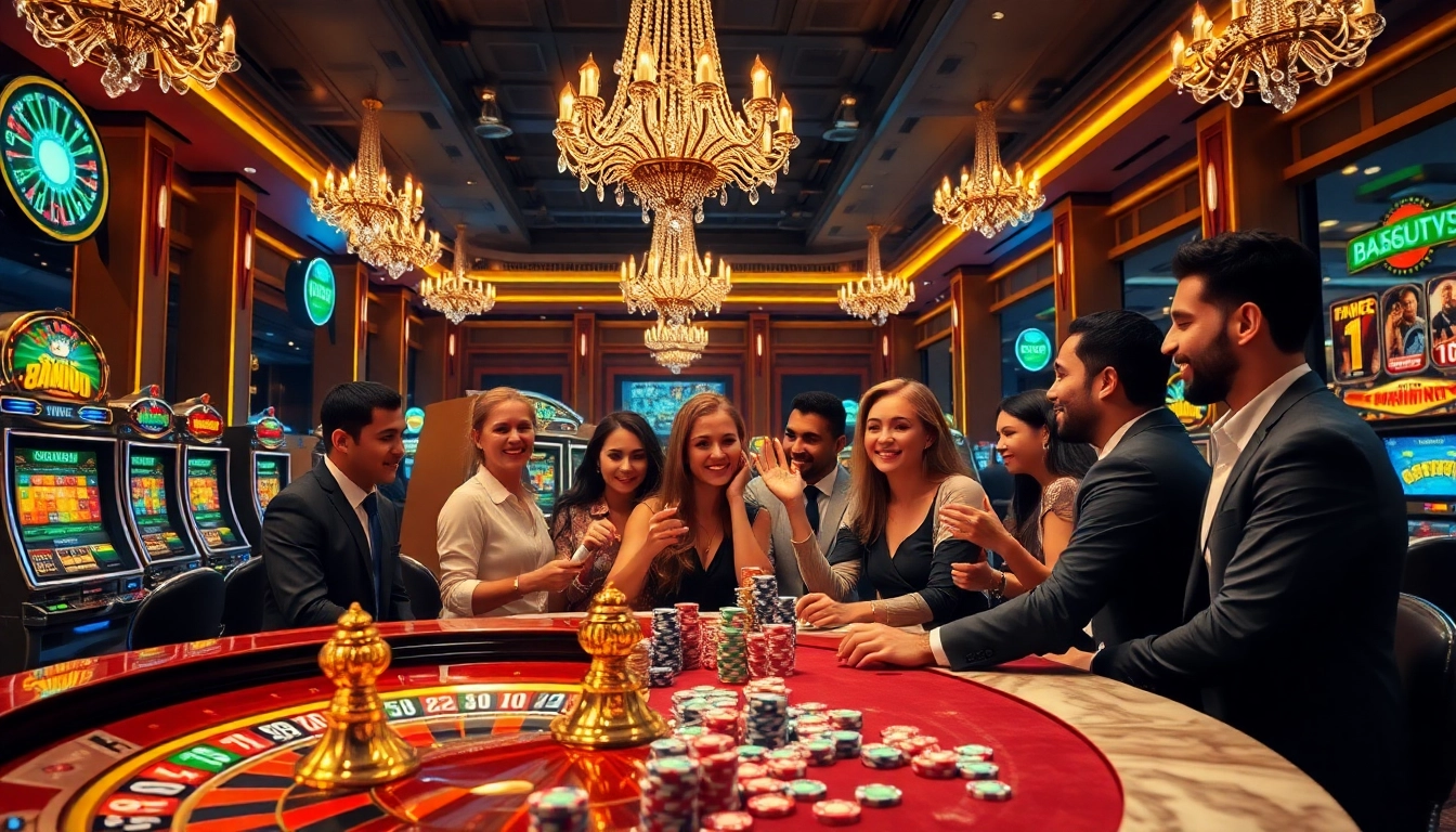Engaging gamblers at a luxurious casino with RC88 showcasing vibrant games and excitement.