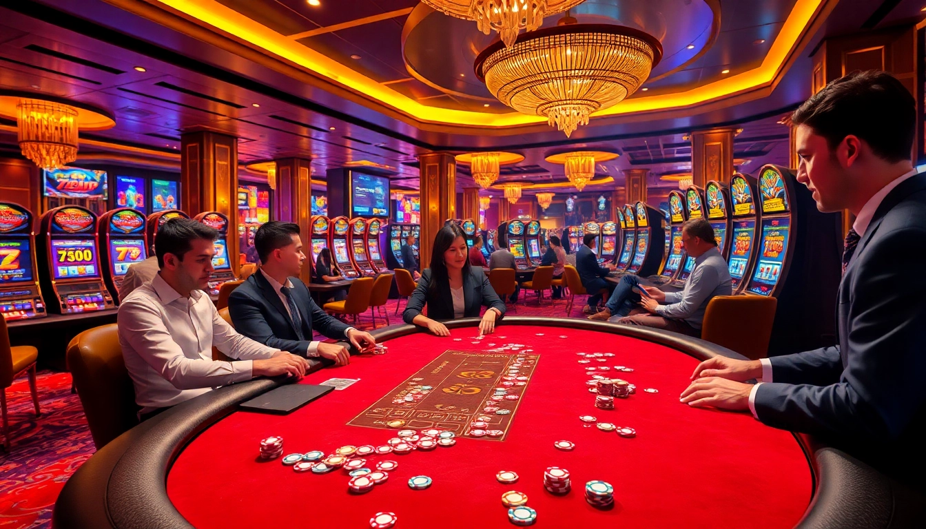 Players enjoying a thrilling game at the casino, highlighting 789p as they place bets at a stylish blackjack table.